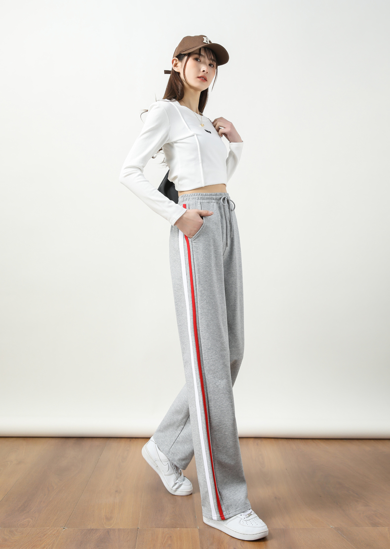 Wide-leg straight high waist contrast color stripe casual slim sports mopping drape pants G32-2817