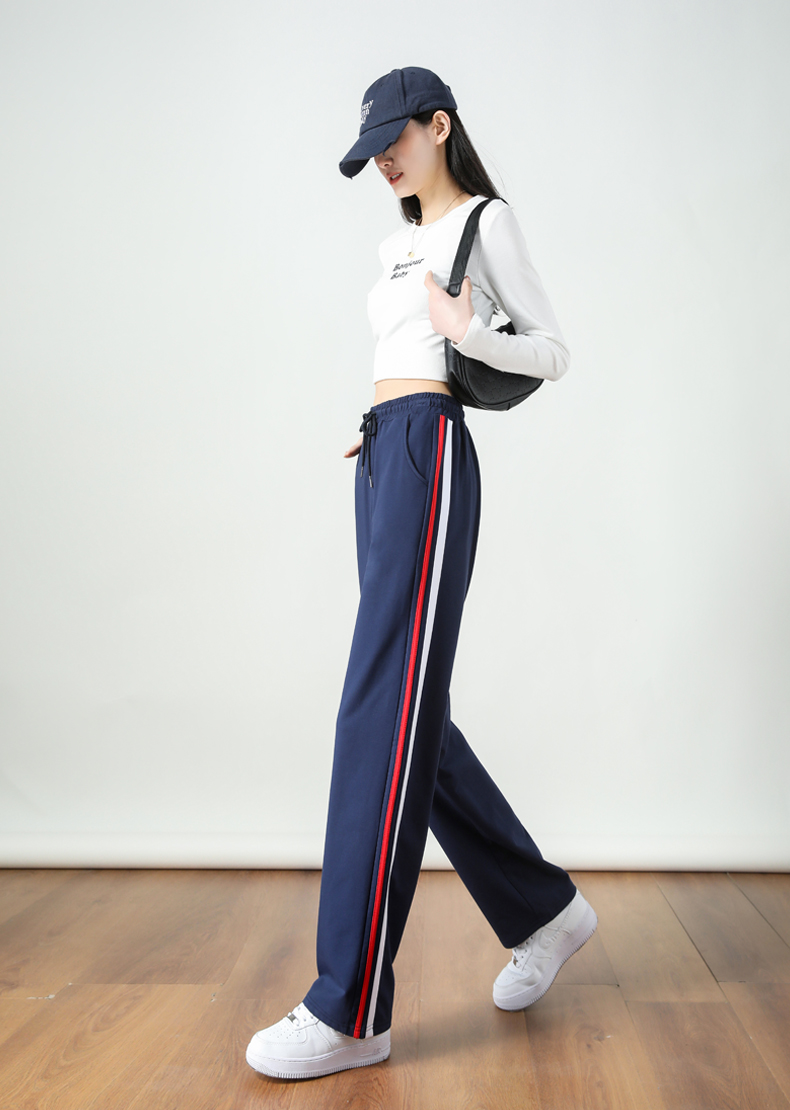 Wide-leg straight high waist contrast color stripe casual slim sports mopping drape pants G32-2817