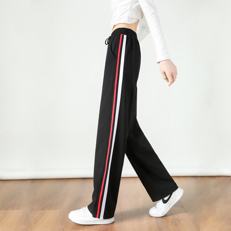 Wide-leg straight high waist contrast color stripe casual slim sports mopping drape pants G32-2817