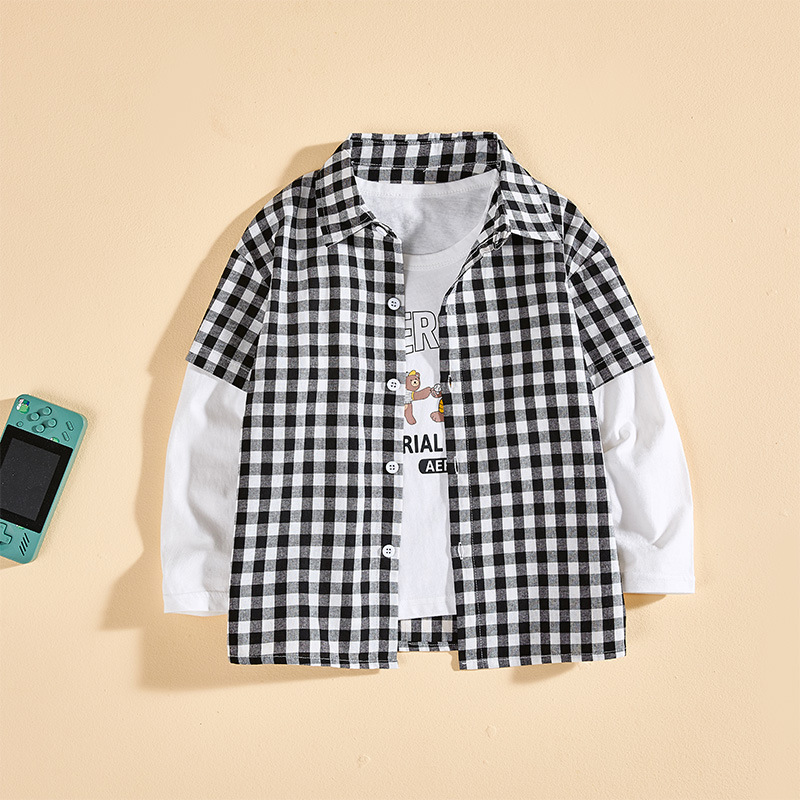 Children fake two-piece plaid long-sleeved shirt D31-fake two-piece plaid long-sleeved shirt