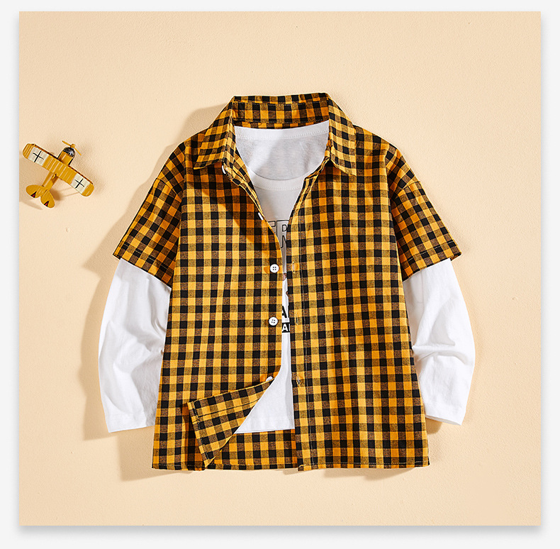 Children fake two-piece plaid long-sleeved shirt D31-fake two-piece plaid long-sleeved shirt