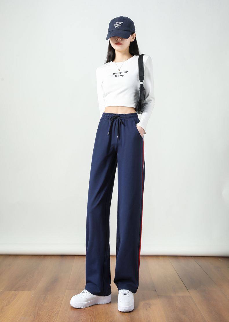 Wide-leg straight high waist contrast color stripe casual slim sports mopping drape pants G32-2817