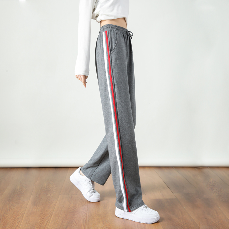 Wide-leg straight high waist contrast color stripe casual slim sports mopping drape pants G32-2817