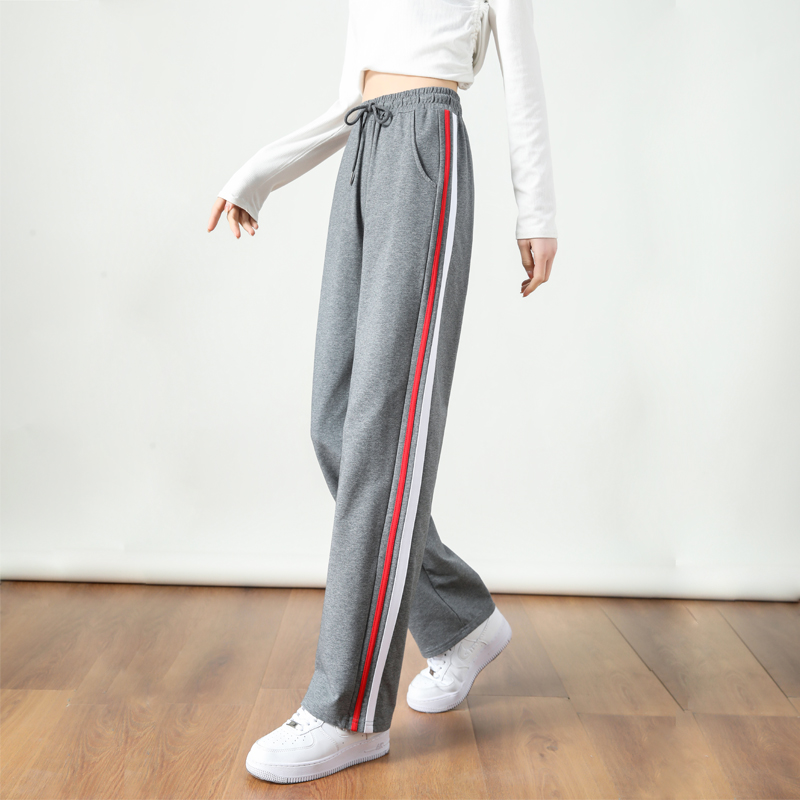 Wide-leg straight high waist contrast color stripe casual slim sports mopping drape pants G32-2817