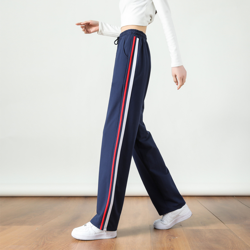 Wide-leg straight high waist contrast color stripe casual slim sports mopping drape pants G32-2817