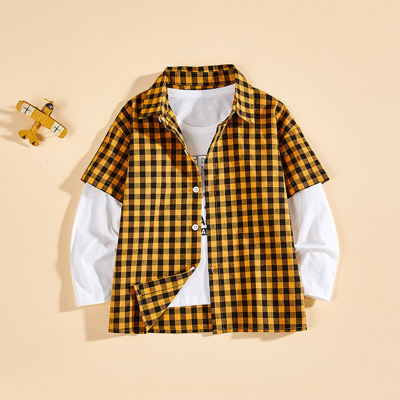 Children fake two-piece plaid long-sleeved shirt D31-fake two-piece plaid long-sleeved shirt