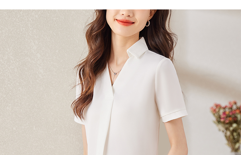 Temperament professional solid color short-sleeved V-neck flip shirt 104-6119 short-sleeved shirt top