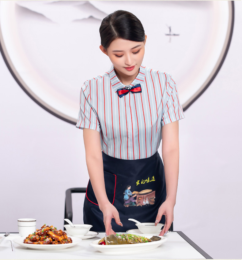 Comfortable three-dimensional fine color stripe waiter work clothes top + apron female model H19-pinstripe shirt female model