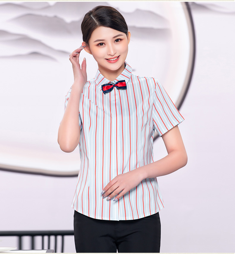 Comfortable three-dimensional fine color stripe waiter work clothes top + apron female model H19-pinstripe shirt female model