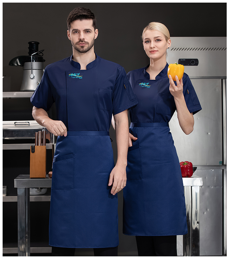 Cotton-coated restaurant chef uniform short-sleeved top H03-Blue China Dream