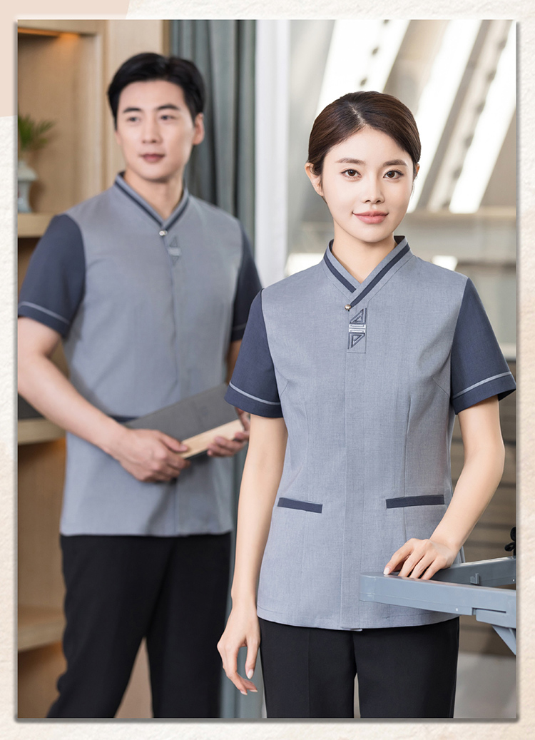 Cationic fabric oblique collar triangle short-sleeved cleaning work clothes H01-2024-14