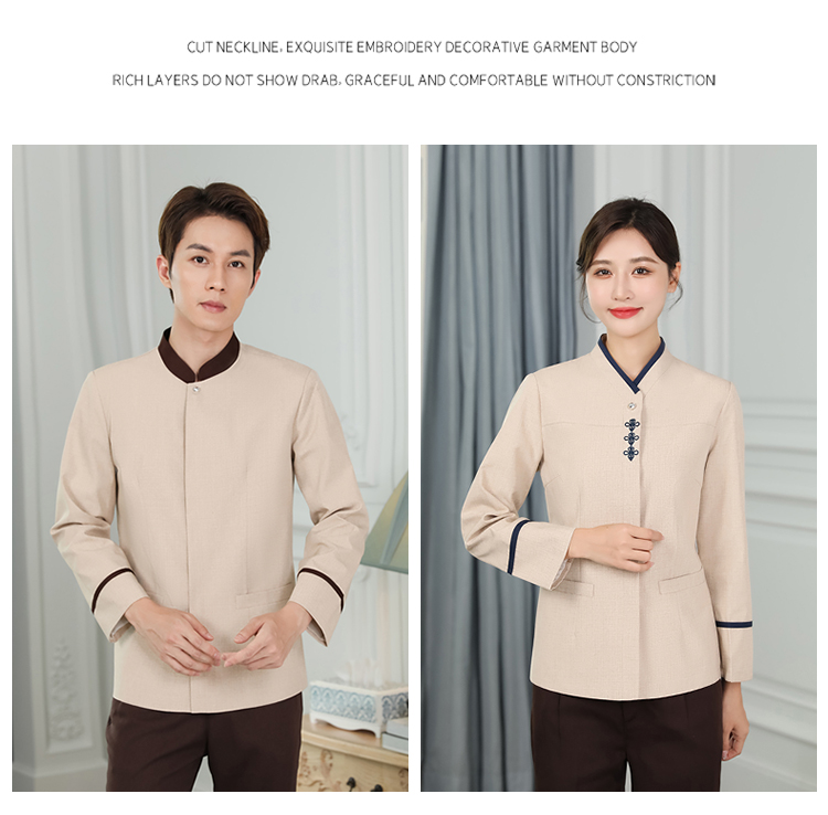 Chinese knot V-neck housekeeping hotel cleaning long-sleeved work clothes for men and women H14-9813-9819