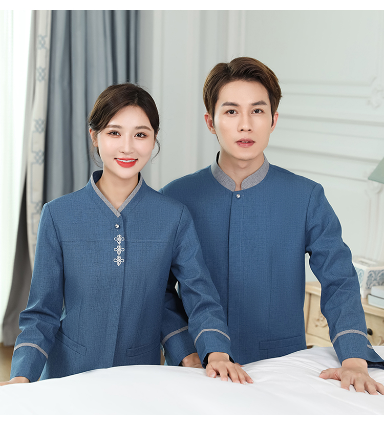 Chinese knot V-neck housekeeping hotel cleaning long-sleeved work clothes for men and women H14-9813-9819