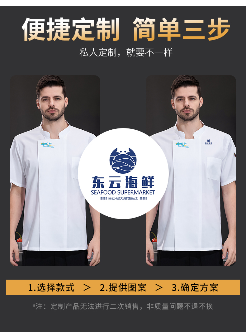 Cotton-coated restaurant chef uniform short-sleeved top H03-Blue China Dream