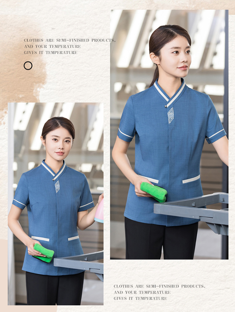 Cationic fabric oblique collar triangle short-sleeved cleaning work clothes H01-2024-14