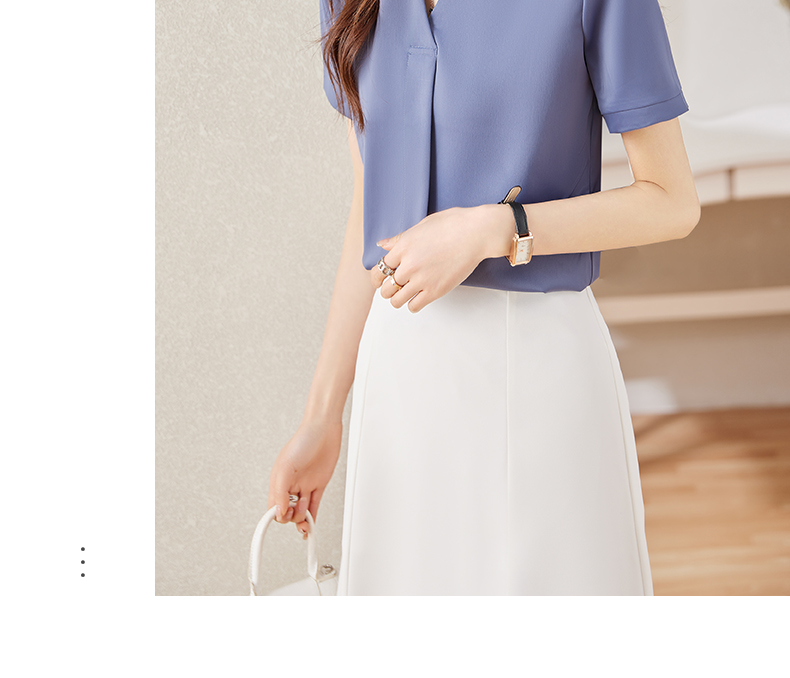 Temperament professional solid color short-sleeved V-neck flip shirt 104-6119 short-sleeved shirt top