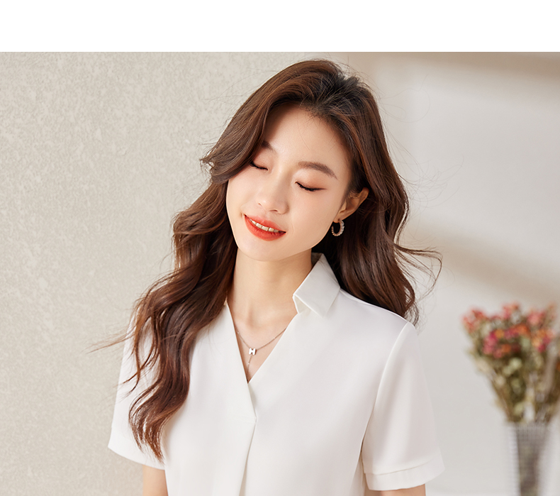 Temperament professional solid color short-sleeved V-neck flip shirt 104-6119 short-sleeved shirt top