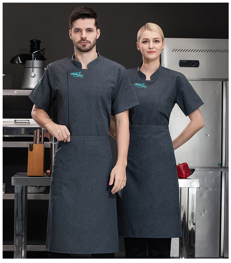 Cotton-coated restaurant chef uniform short-sleeved top H03-Blue China Dream