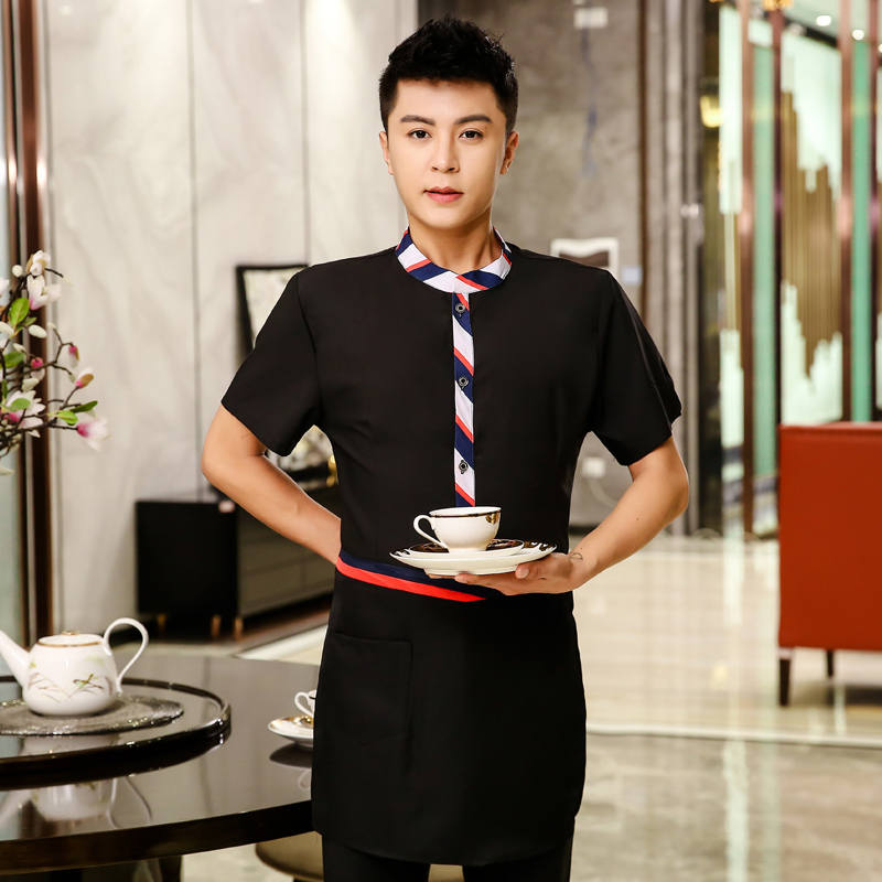 Comfortable three-dimensional wide color stripe waiter work clothes top + apron men H19-wide ribbon shirt men