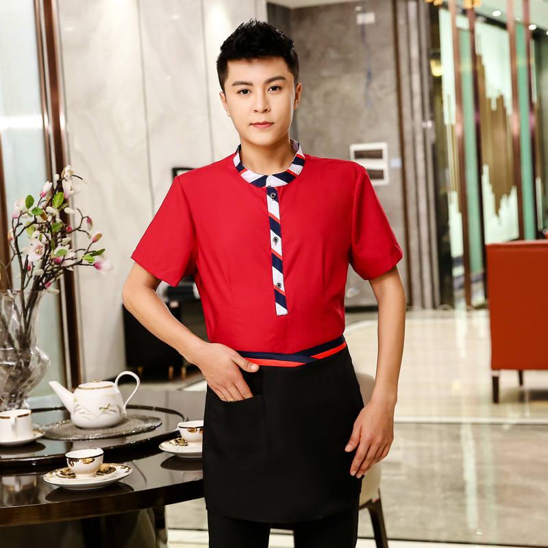 Comfortable three-dimensional wide color stripe waiter work clothes top + apron men H19-wide ribbon shirt men