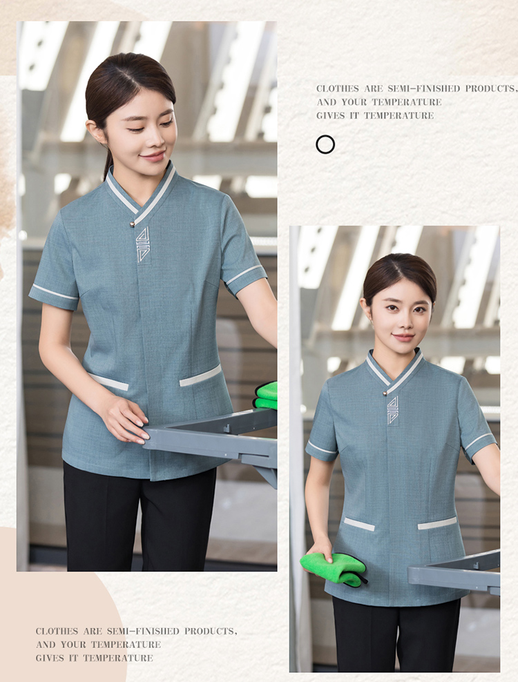 Cationic fabric oblique collar triangle short-sleeved cleaning work clothes H01-2024-14