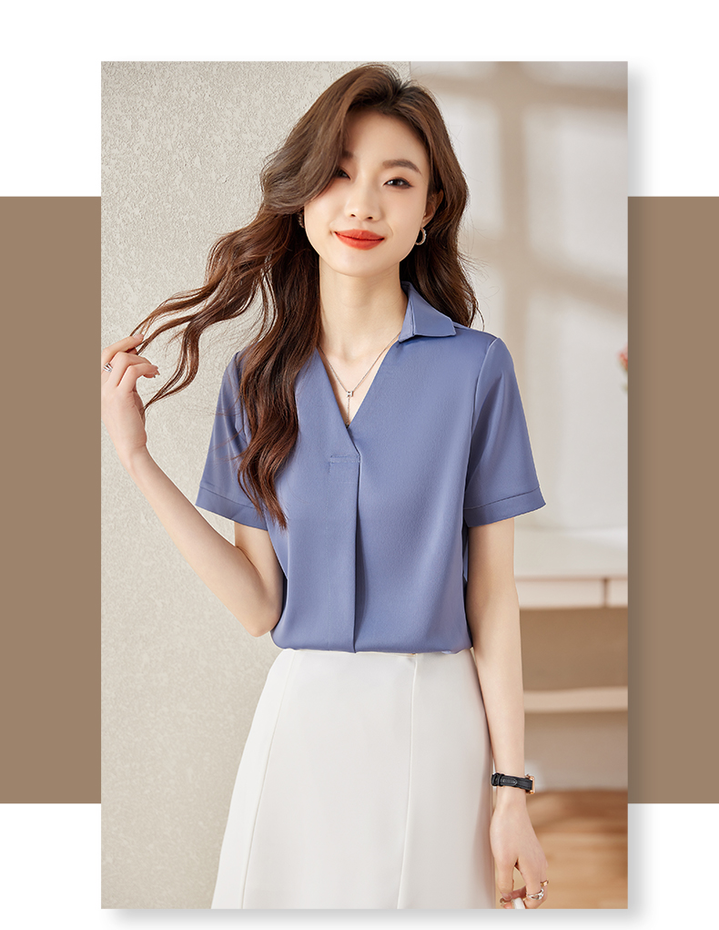 Temperament professional solid color short-sleeved V-neck flip shirt 104-6119 short-sleeved shirt top