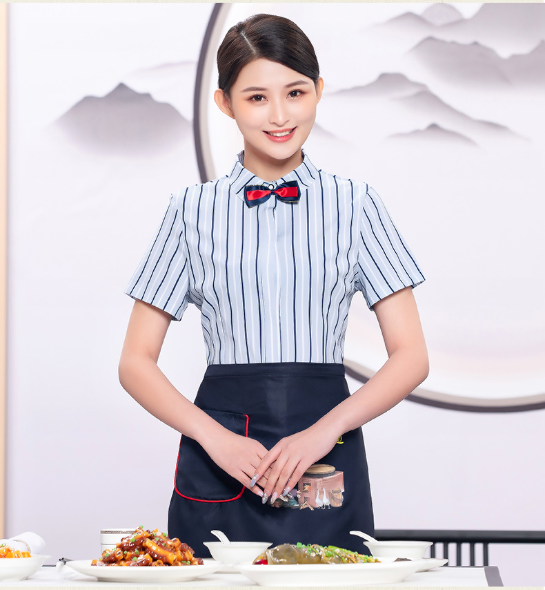 Comfortable three-dimensional fine color stripe waiter work clothes top + apron men H19-pinstripe shirt men