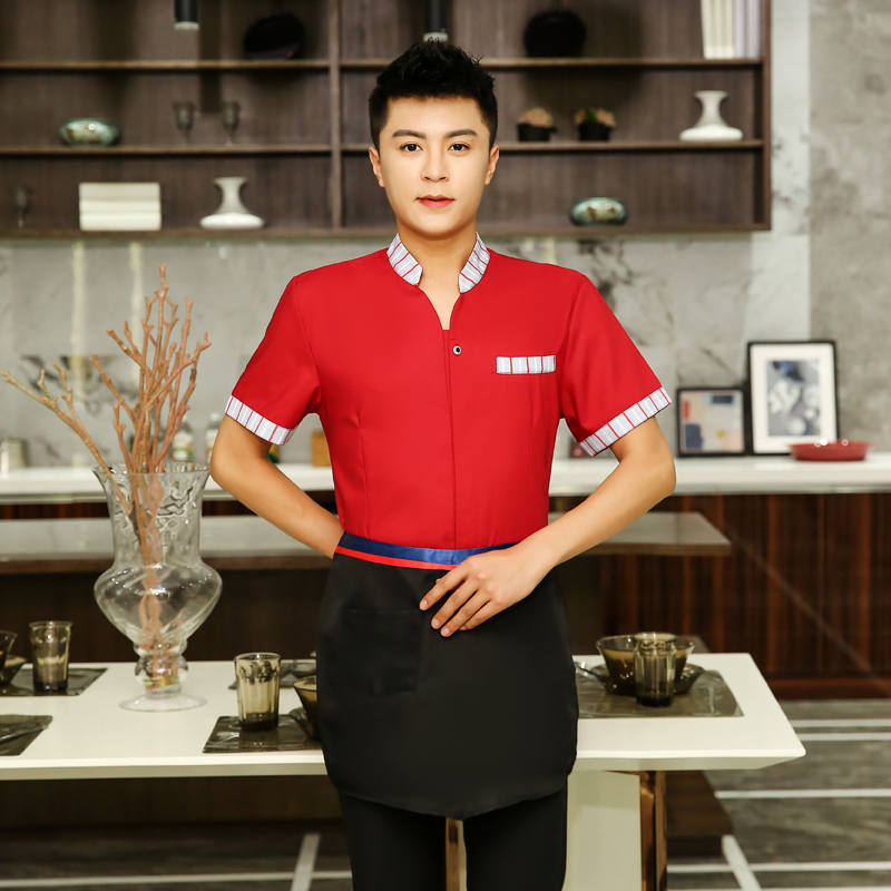 Comfortable three-dimensional fine color stripe waiter work clothes top + apron men H19-pinstripe shirt men