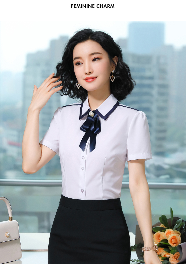 Professional four-sided stretch lapel short-sleeved shirt for women DL1-0657 short-sleeved shirt for women (including collar flower)