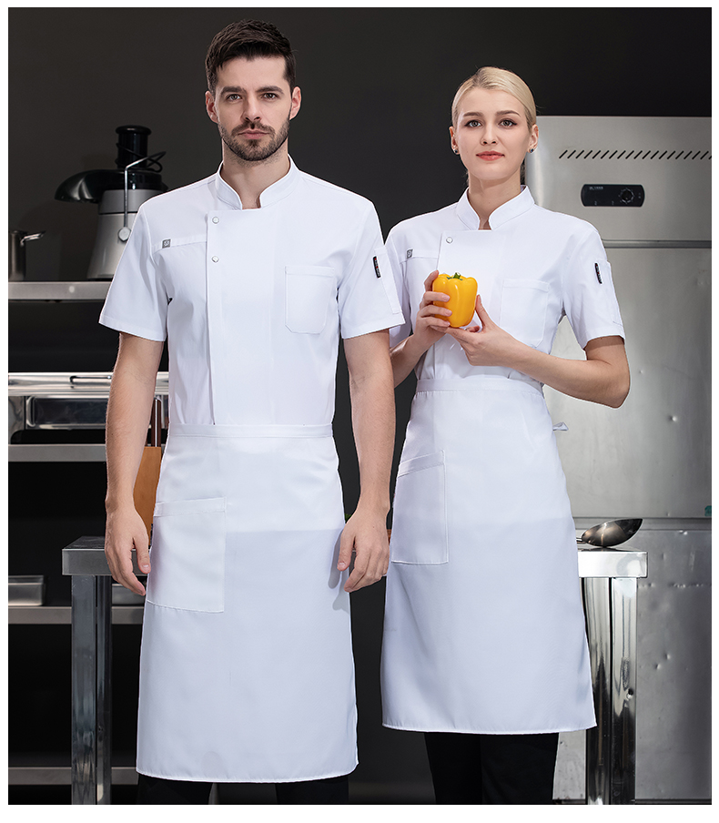 Stretch cotton hotel chef uniform short-sleeved top H03-two button cloth label