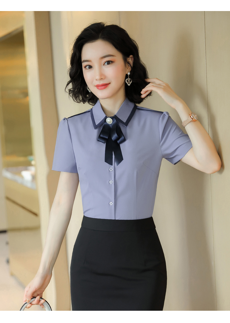 Professional four-sided stretch lapel short-sleeved shirt for women DL1-0657 short-sleeved shirt for women (including collar flower)