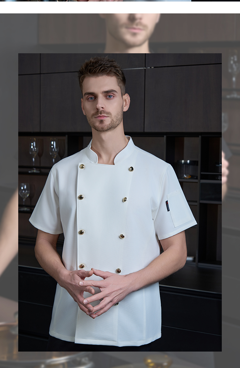 High-end double-breasted gold button iron-free fabric short-sleeved chef uniform H20-D24-5051