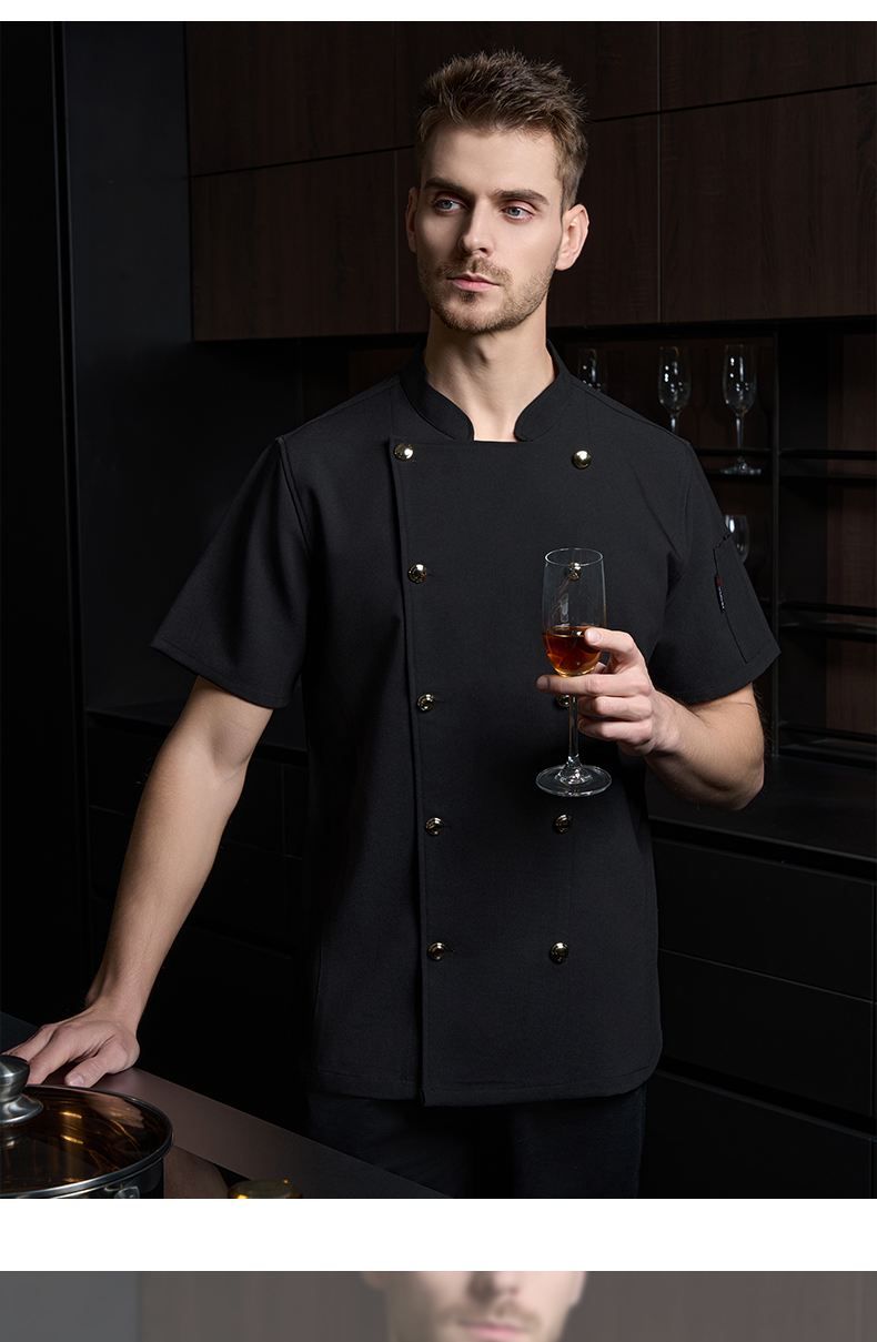 High-end double-breasted gold button iron-free fabric short-sleeved chef uniform H20-D24-5051