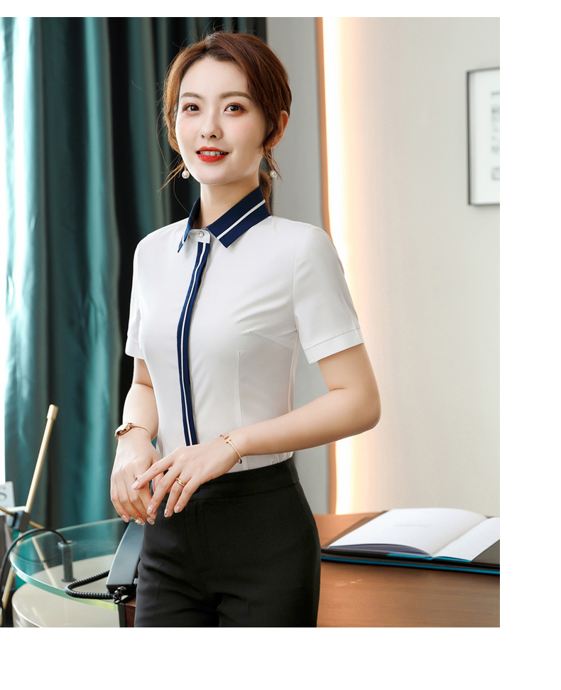 Intellectual and elegant contrast color stitching collar short-sleeved shirt 109-6217 short-sleeved shirt female