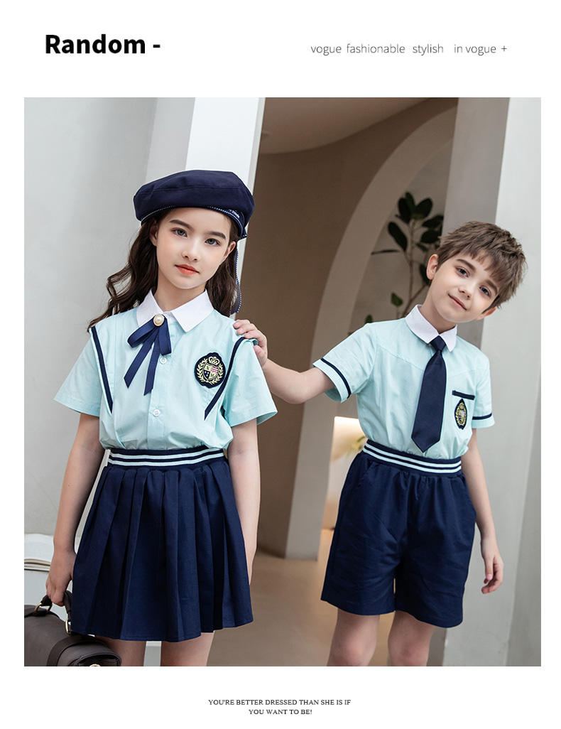 Summer college British style primary and secondary school students short-sleeved shirt school uniform suit two-piece suit 215-805 (including badge, tie and bow tie)