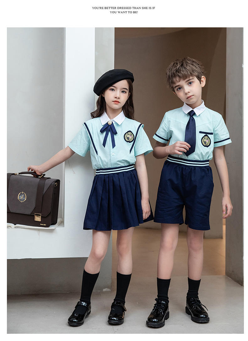 Summer college British style primary and secondary school students short-sleeved shirt school uniform suit two-piece suit 215-805 (including badge, tie and bow tie)