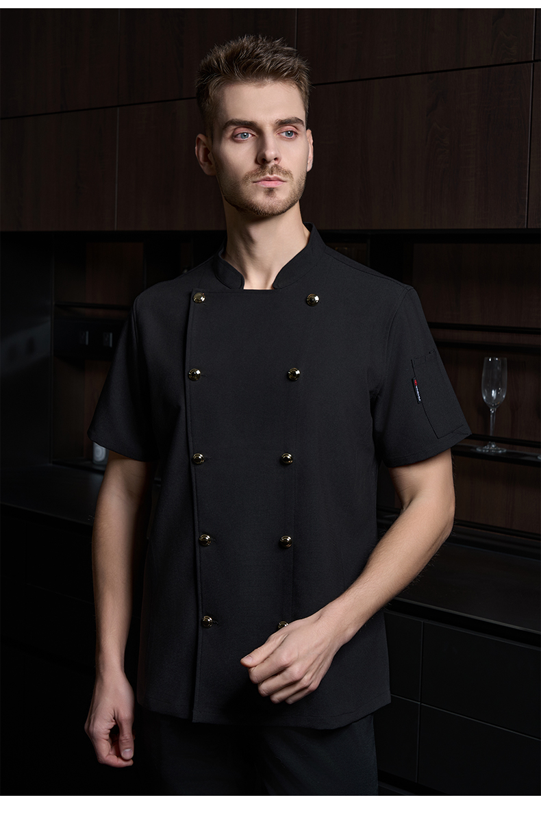 High-end double-breasted gold button iron-free fabric short-sleeved chef uniform H20-D24-5051