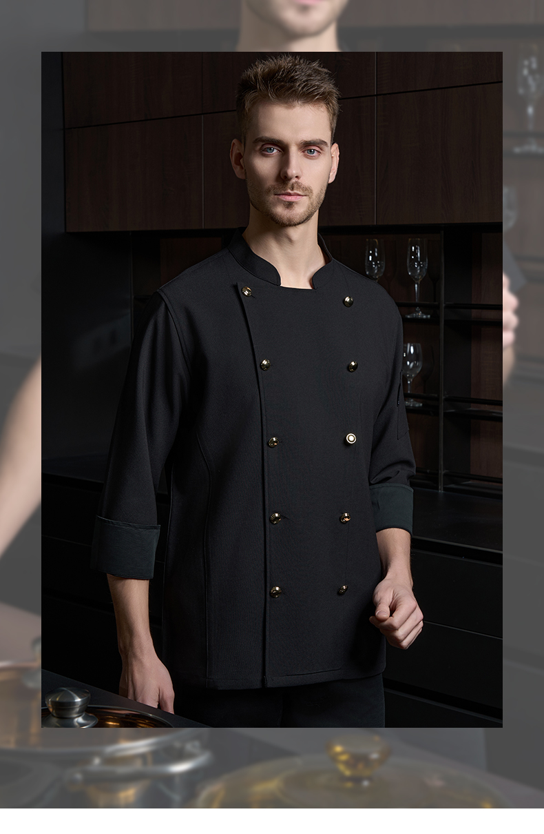 High-end double-breasted gold button iron-free fabric short-sleeved chef uniform H20-D24-5051