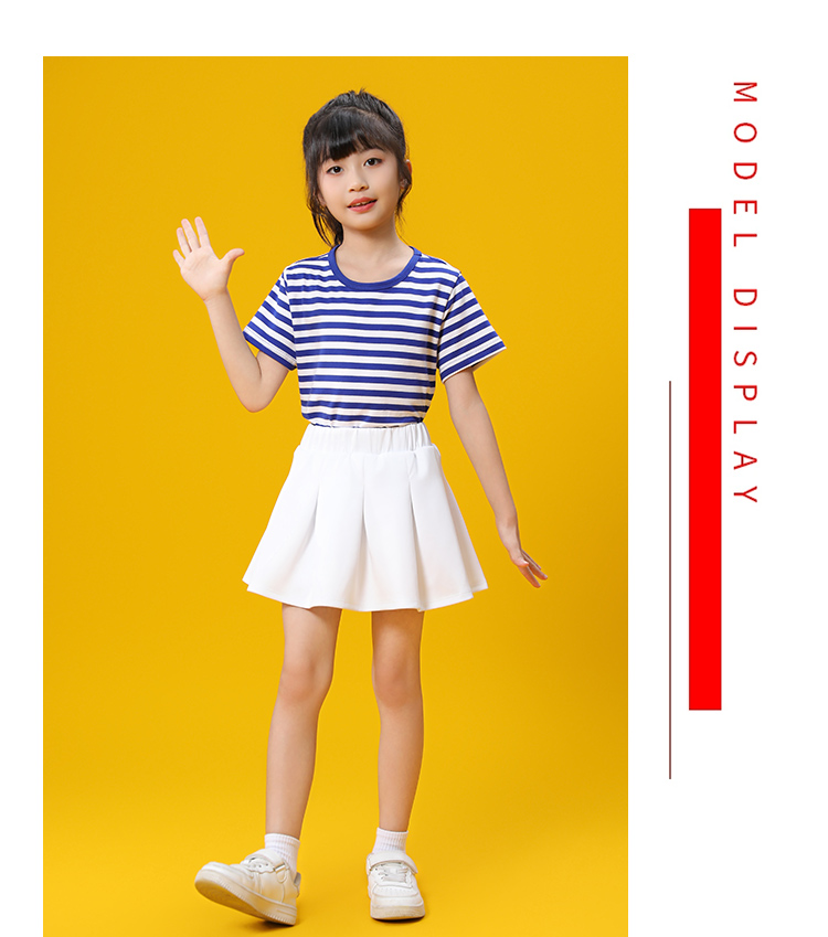 Casual sports blue striped round neck short-sleeved T-shirt school uniform suit D03-24294