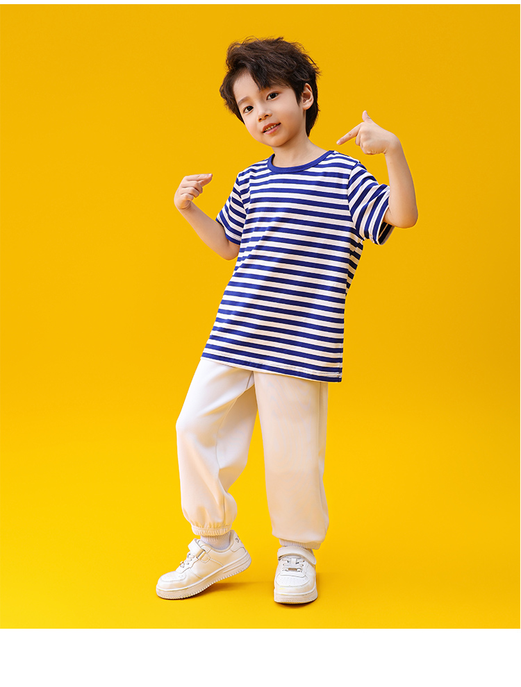 Casual sports blue striped round neck short-sleeved T-shirt school uniform suit D03-24294