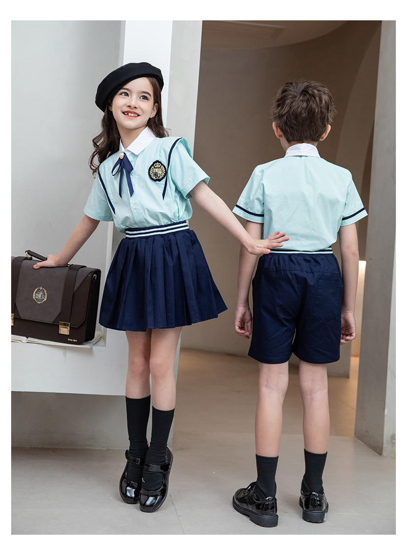 Summer college British style primary and secondary school students short-sleeved shirt school uniform suit two-piece suit 215-805 (including badge, tie and bow tie)