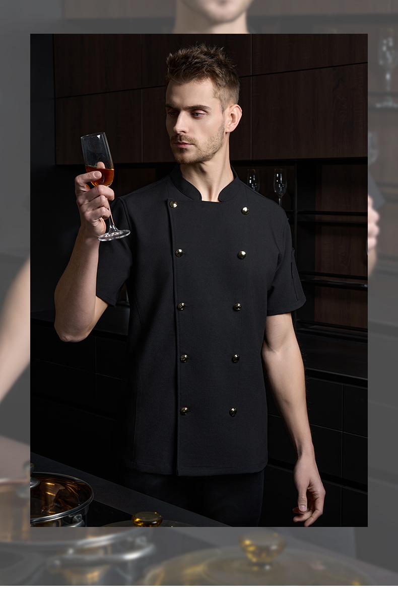 High-end double-breasted gold button iron-free fabric short-sleeved chef uniform H20-D24-5051