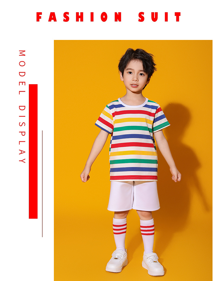 Outdoor sports elementary and middle school students striped short-sleeved round neck T-shirt suit D03-24254