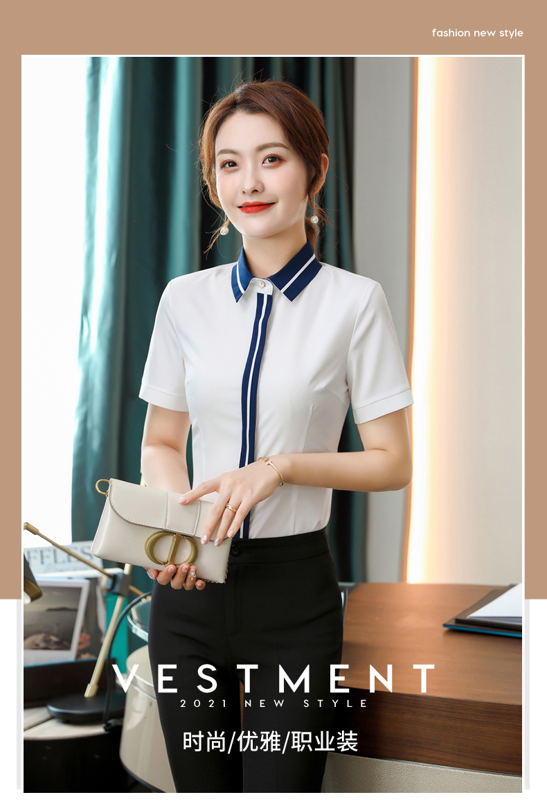 Intellectual and elegant contrast color stitching collar short-sleeved shirt 109-6217 short-sleeved shirt female