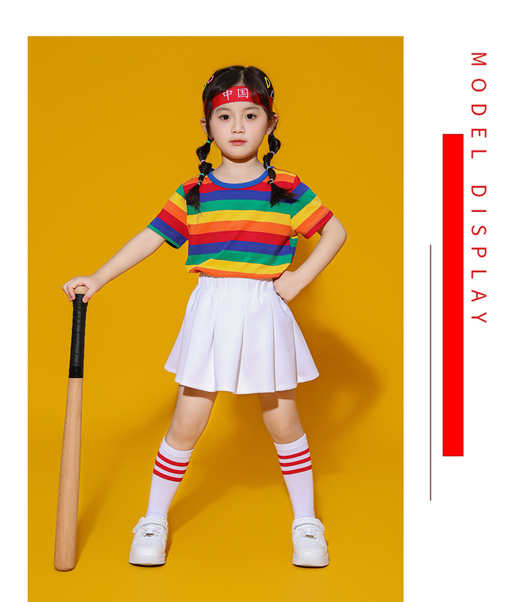 Rainbow striped short-sleeved T-shirt sports suit D03-24263