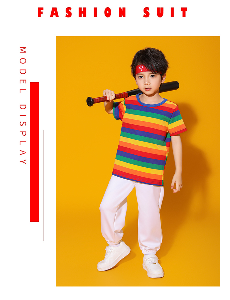 Rainbow striped short-sleeved T-shirt sports suit D03-24263