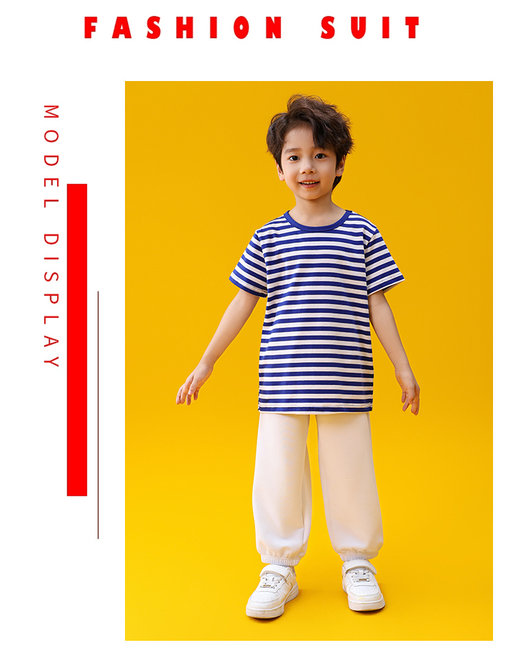 Casual sports blue striped round neck short-sleeved T-shirt school uniform suit D03-24294