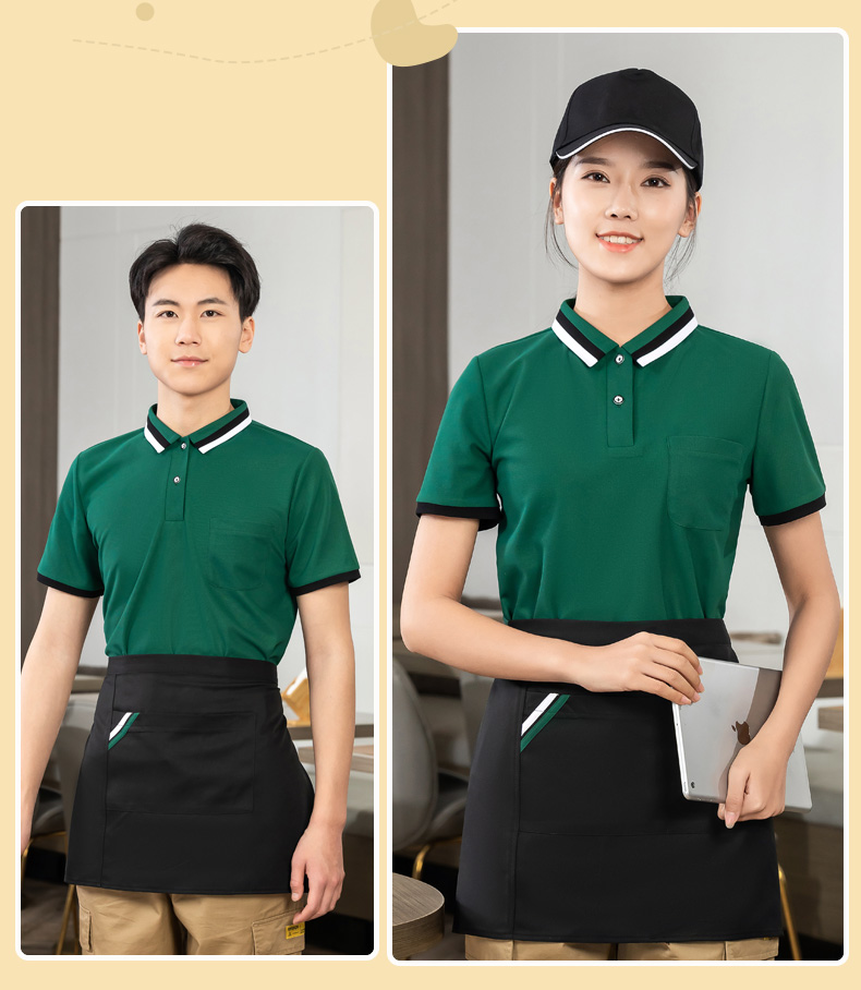 Two-color collar T-shirt tea restaurant Chinese restaurant waiter work clothes general style H01-2023-01 top + apron