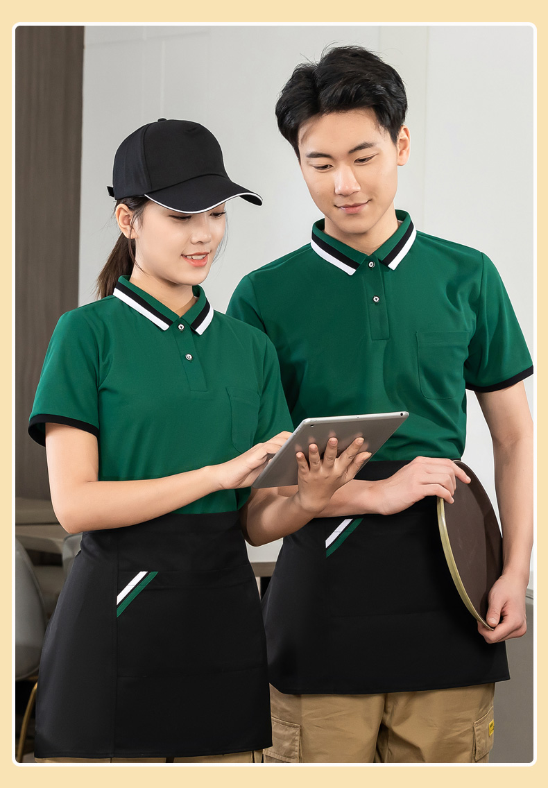 Two-color collar T-shirt tea restaurant Chinese restaurant waiter work clothes general style H01-2023-01 top + apron