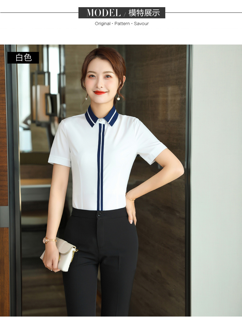 Intellectual and elegant contrast color stitching collar short-sleeved shirt 109-6217 short-sleeved shirt female